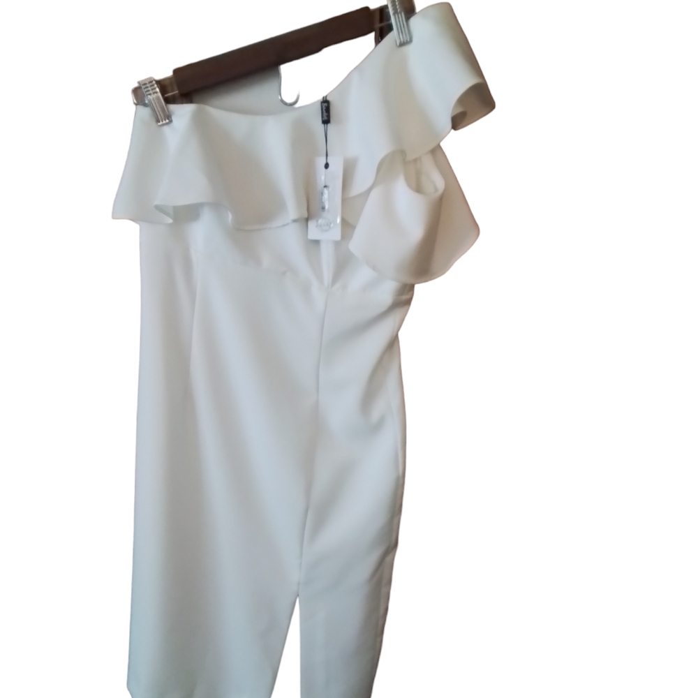 Bardot One-Shoulder Ruffle Midi Dress in White